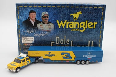 Dale Earnhardt 1999 GM Goodwrench Service Plus / Wrangler Jeans 1:64 Dually with Show Trailer Diecast Dale Earnhardt 1999 GM Goodwrench Service Plus / Wrangler Jeans 1:64 Dually with Show Trailer Diecast 